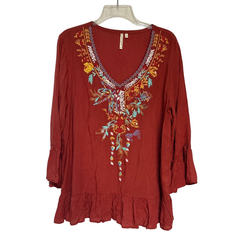 Grand Greene Womens Embroidered Peasant Top Flounce Sleeve Red M‎ Medium